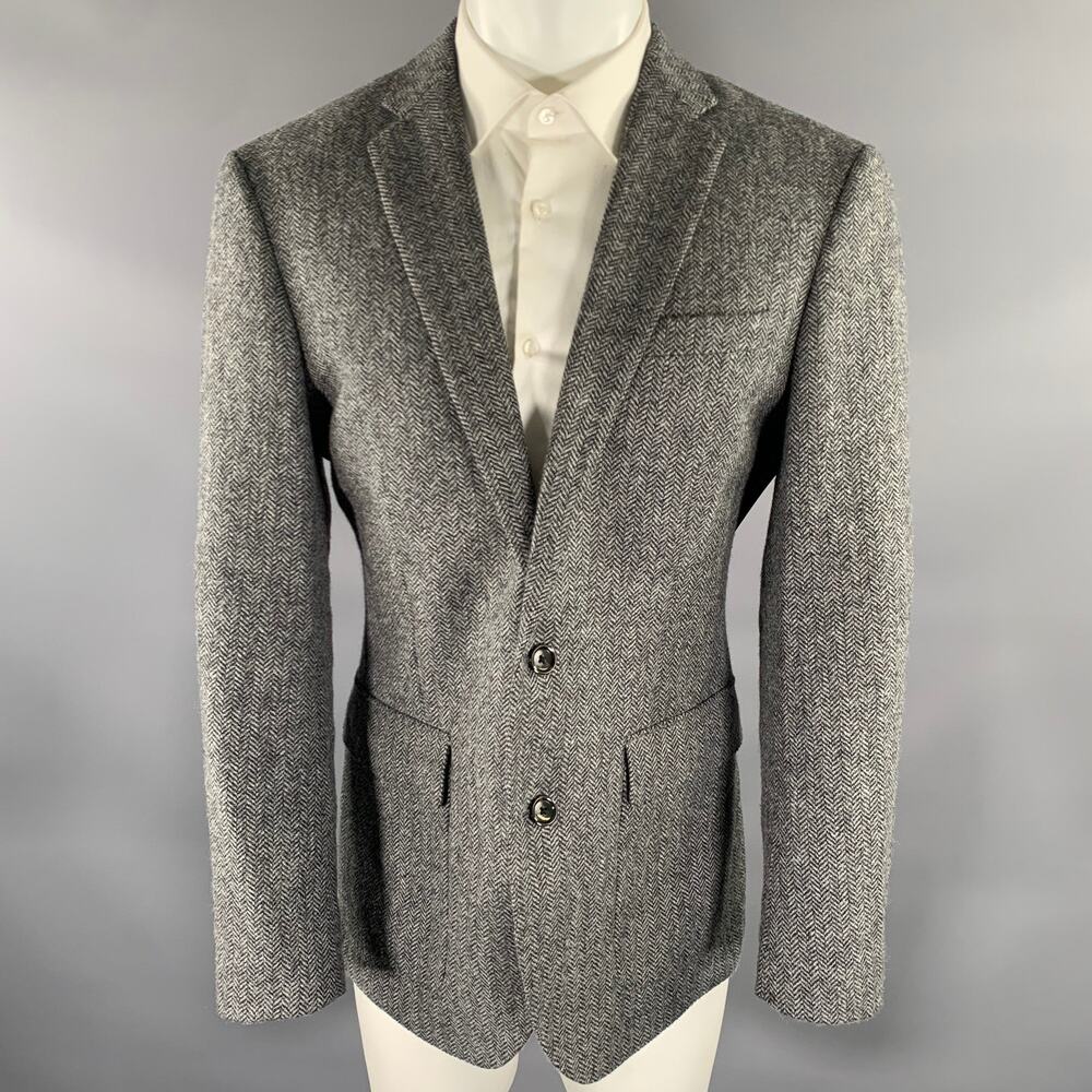 J.CREW Chest Size 40 Regular Grey Black Herringbone Wool Notch Lapel Sport Coat